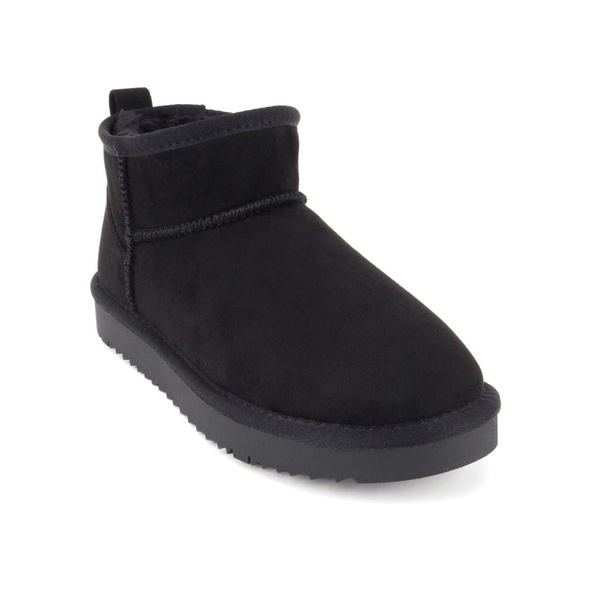 Bottines femme noires fourrées, semelle crantée, style chaud hiver, imitation daim vegan