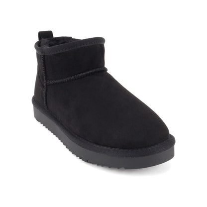 Bottines femme noires fourrées, semelle crantée, style chaud hiver, imitation daim vegan