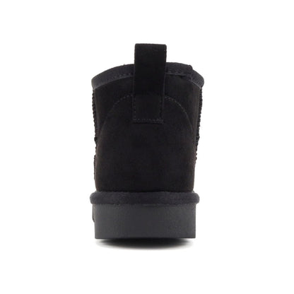 Bottines femme noires fourrées, semelle crantée, style chaud hiver, imitation daim vegan