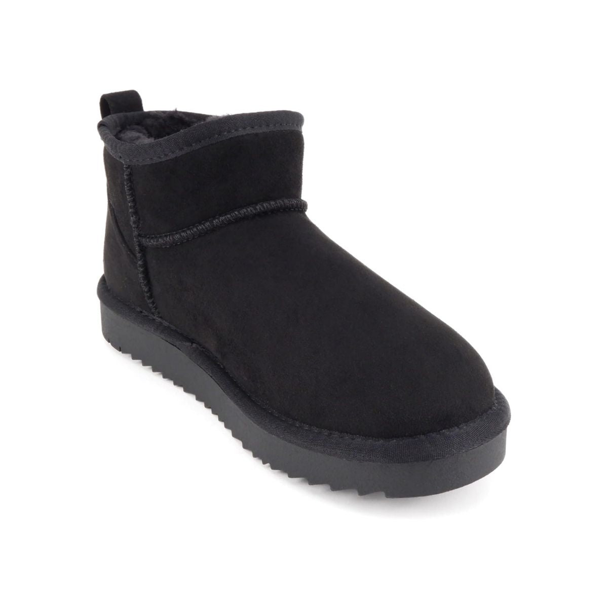 Bottines femme noires fourrées, semelle crantée, style chaud hiver, imitation daim vegan