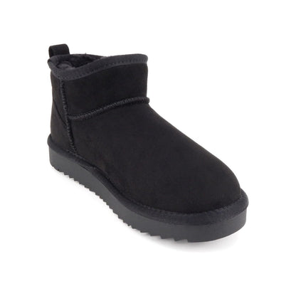 Bottines femme noires fourrées, semelle crantée, style chaud hiver, imitation daim vegan