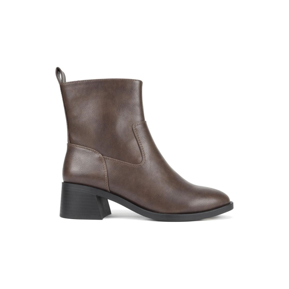 Bottines femme marron à talon bas, bout rond, fermeture zippée latérale