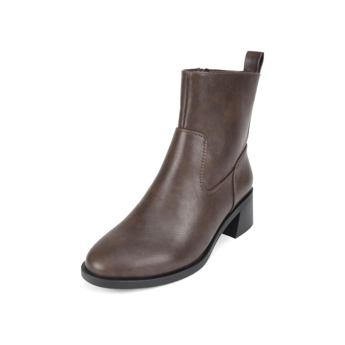 Bottines femme marron à talon bas, bout rond, fermeture zippée latérale