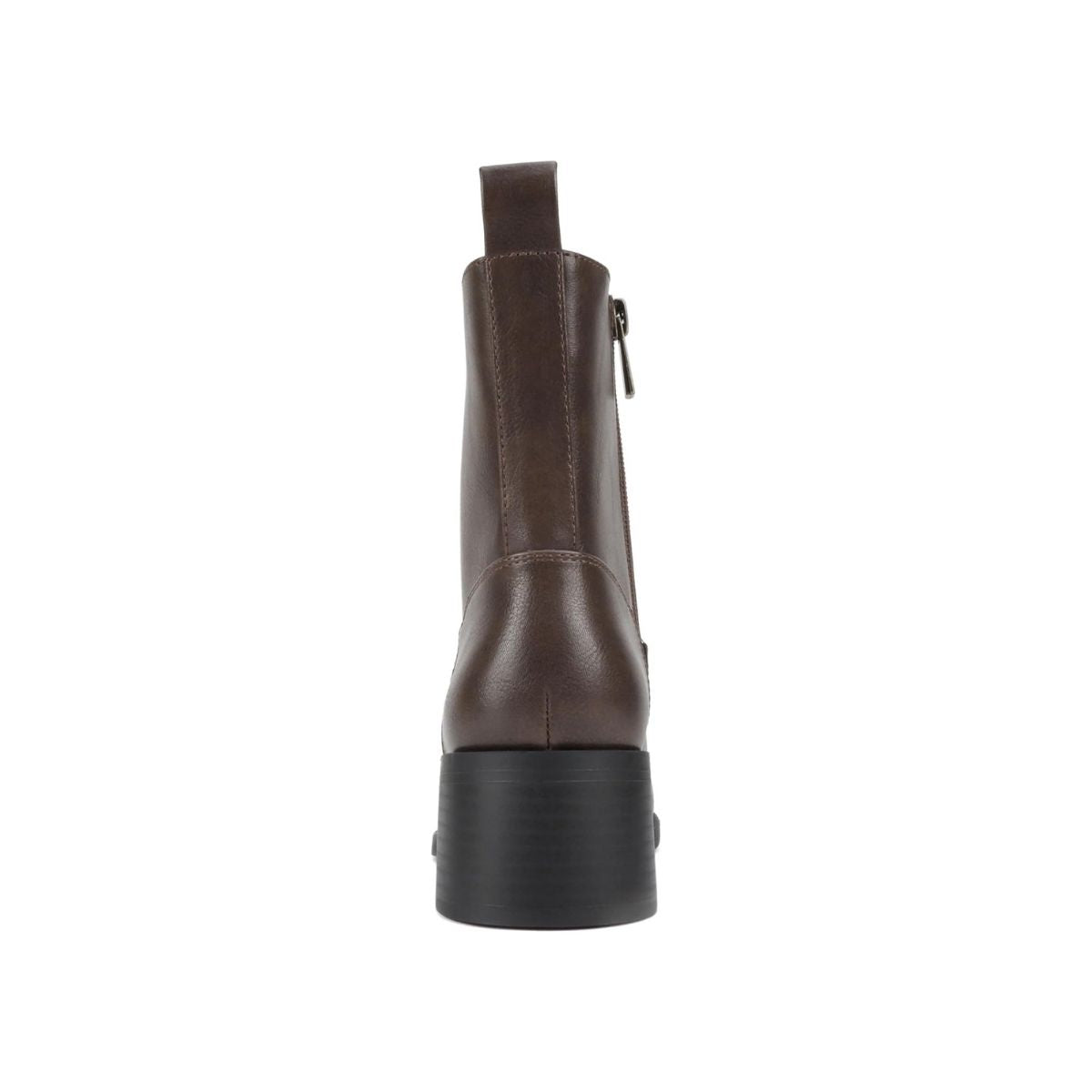 Bottines femme marron à talon bas, bout rond, fermeture zippée latérale