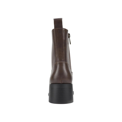 Bottines femme marron à talon bas, bout rond, fermeture zippée latérale