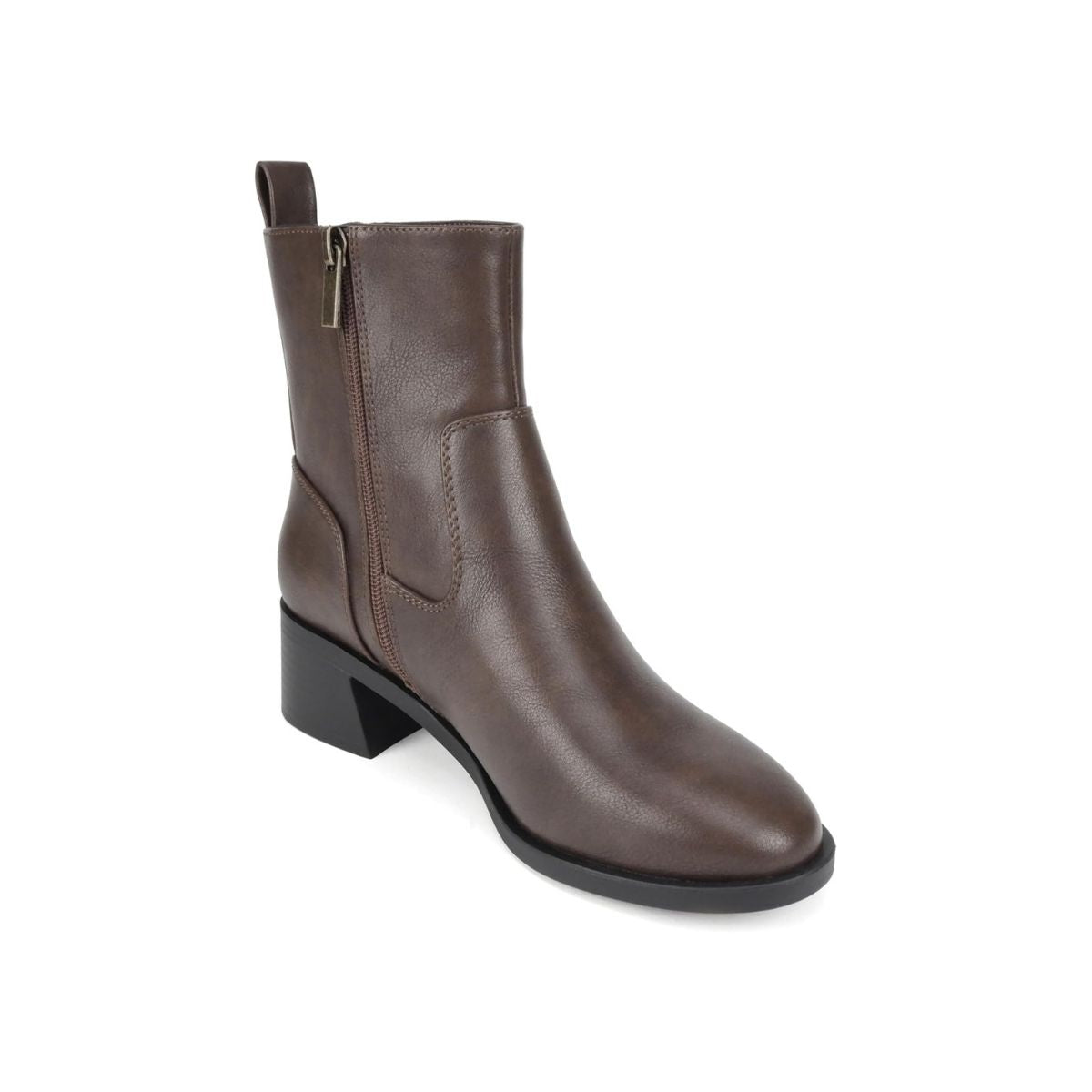 Bottines femme marron à talon bas, bout rond, fermeture zippée latérale