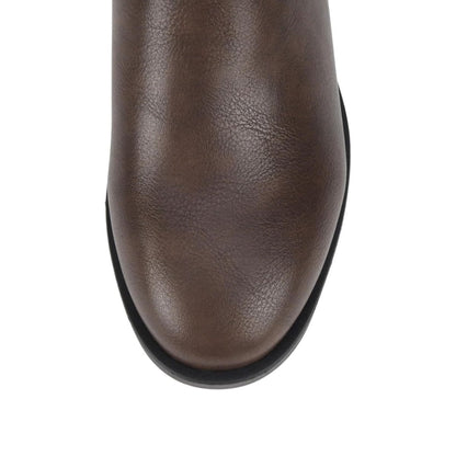 Bottines femme marron à talon bas, bout rond, fermeture zippée latérale