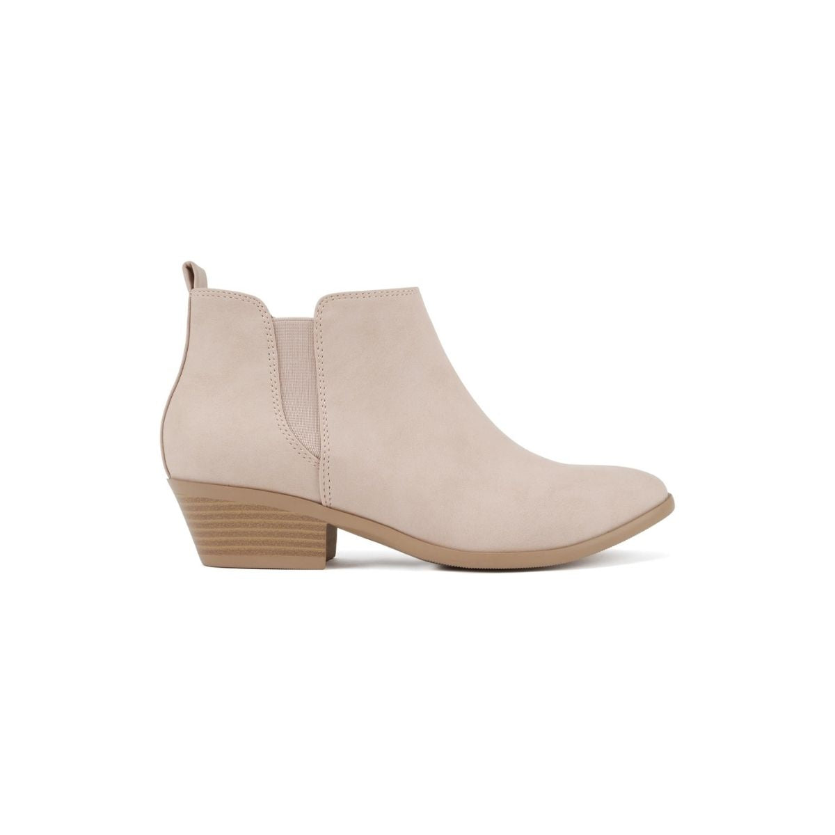 Bottines femme beige à talon bas, bout pointu, élastiques latéraux, fermeture zippée