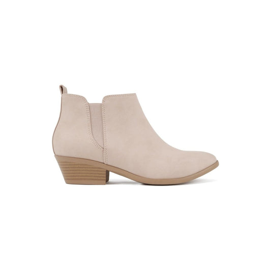 Bottines femme beige à talon bas, bout pointu, élastiques latéraux, fermeture zippée