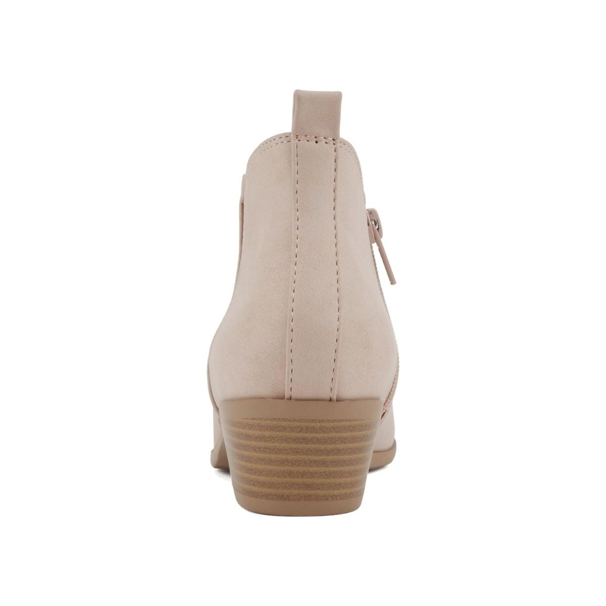 Bottines femme beige à talon bas, bout pointu, élastiques latéraux, fermeture zippée