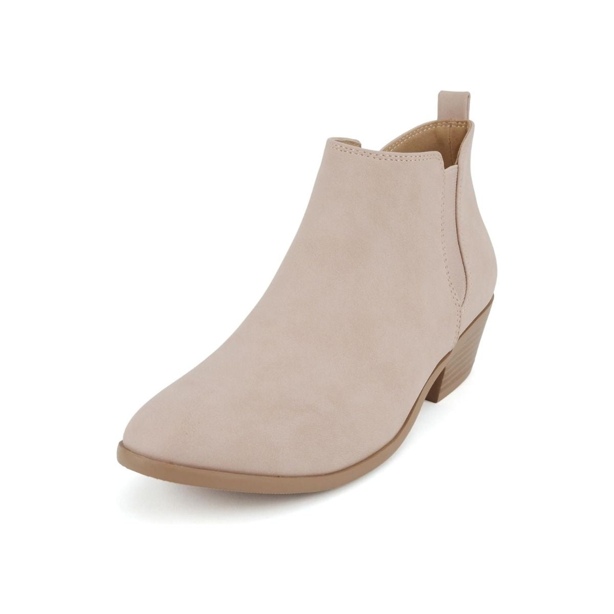 Bottines femme beige à talon bas, bout pointu, élastiques latéraux, fermeture zippée