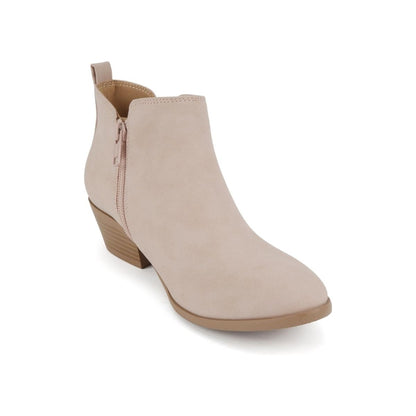 Bottines femme beige à talon bas, bout pointu, élastiques latéraux, fermeture zippée