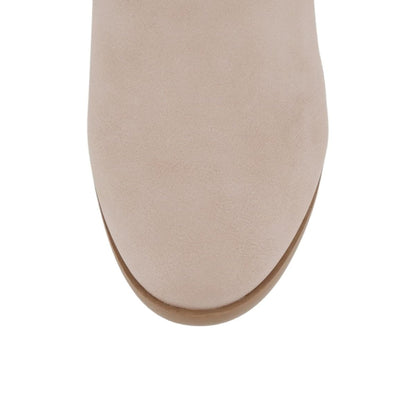 Bottines femme beige à talon bas, bout pointu, élastiques latéraux, fermeture zippée