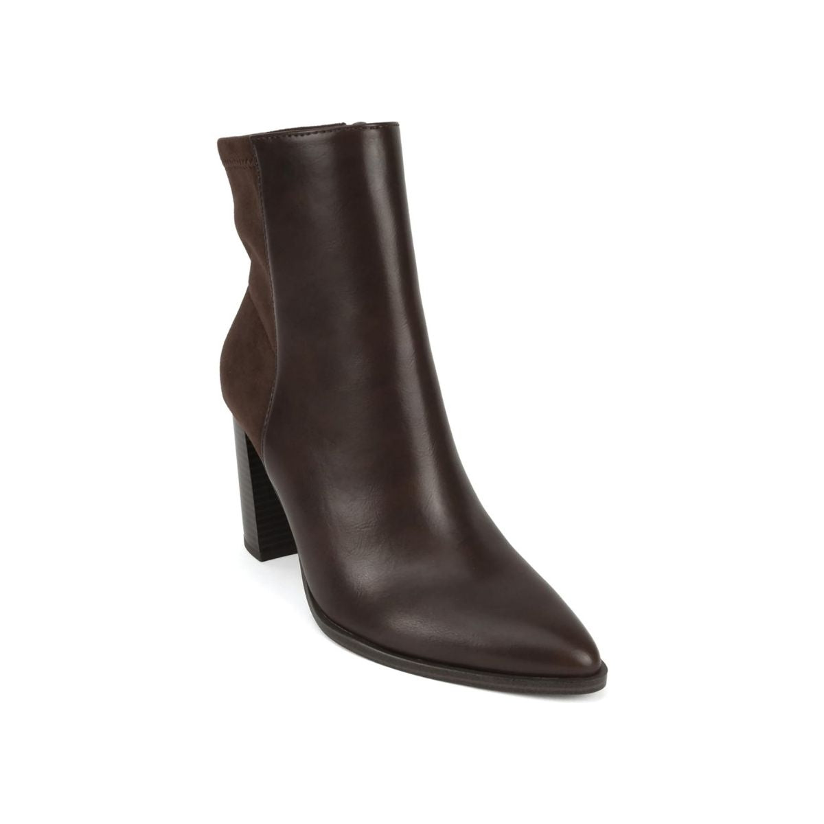 Bottines femme marron à talon moyen, bout pointu, bicolores, fermeture zippée latérale