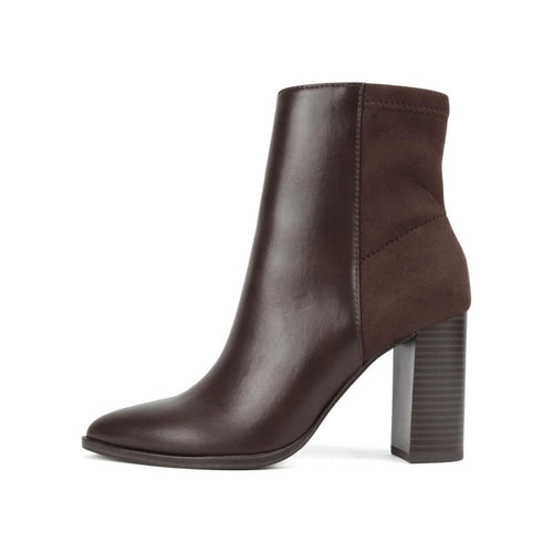 Bottines femme marron à talon moyen, bout pointu, bicolores, fermeture zippée latérale