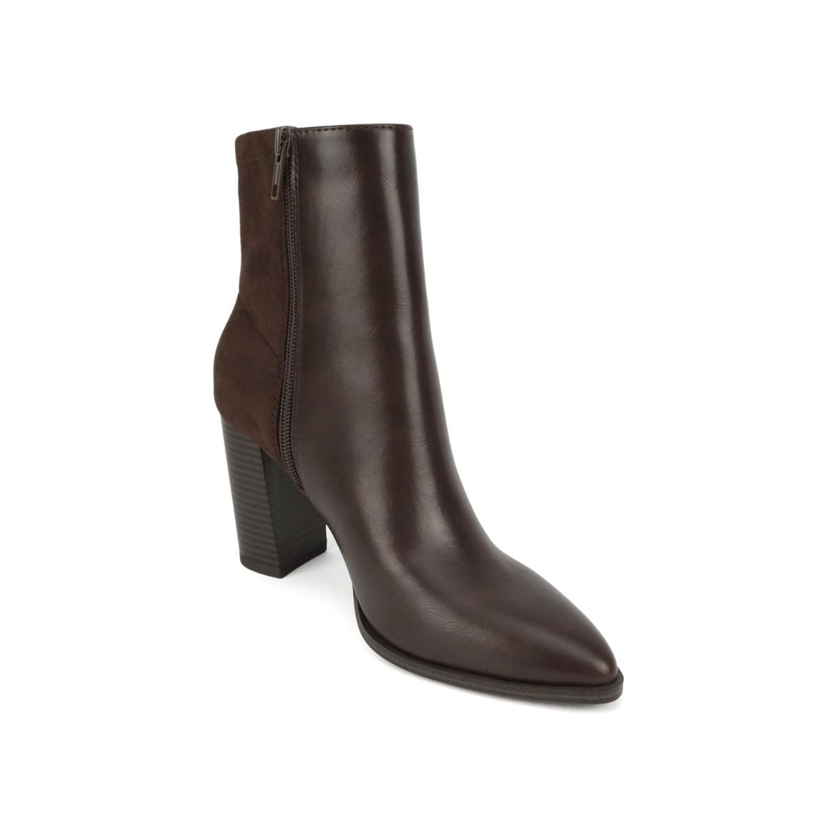 Bottines femme marron à talon moyen, bout pointu, bicolores, fermeture zippée latérale