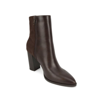 Bottines femme marron à talon moyen, bout pointu, bicolores, fermeture zippée latérale