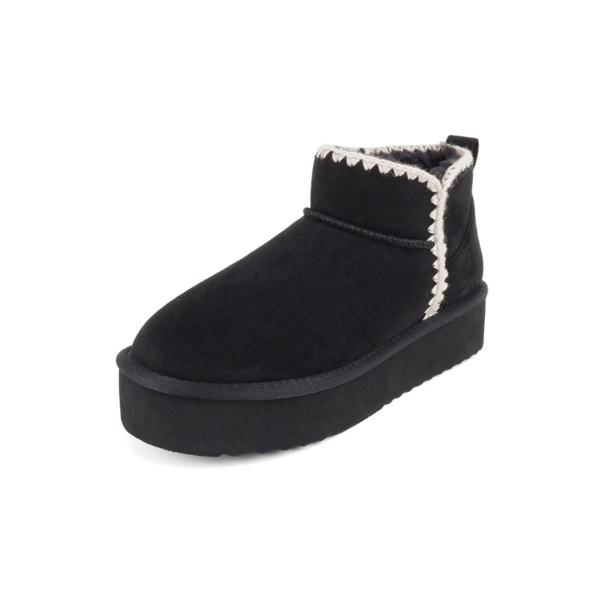 Bottines femme noires fourrées, semelle plateforme crantée, couture contrastée