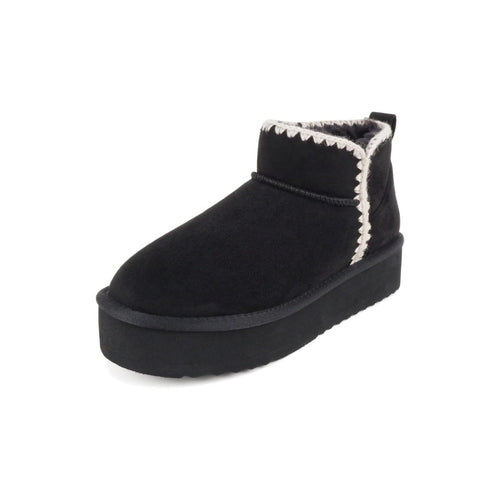 Bottines femme noires fourrées, semelle plateforme crantée, couture contrastée