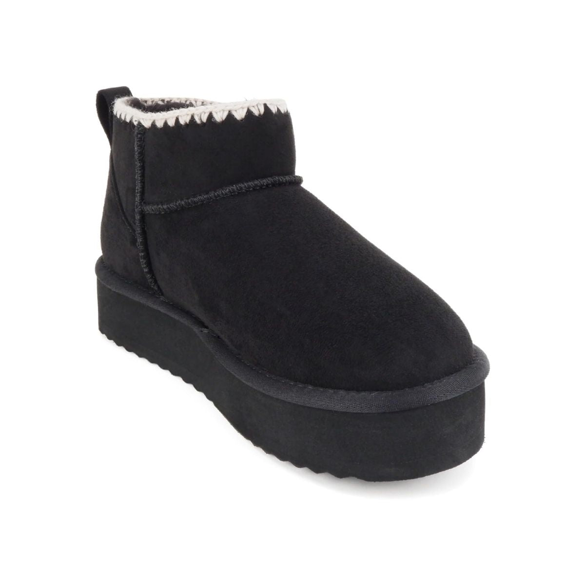 Bottines femme noires fourrées, semelle plateforme crantée, couture contrastée