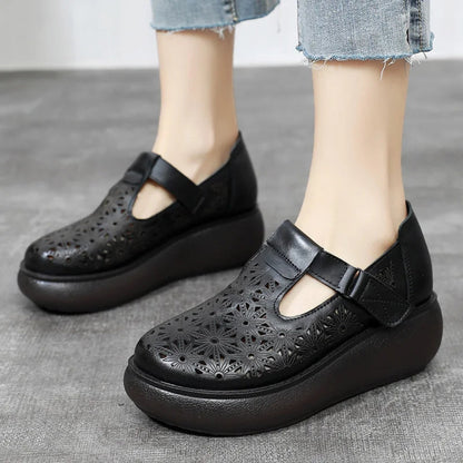 Sandales compensées en cuir véritable pour femme
