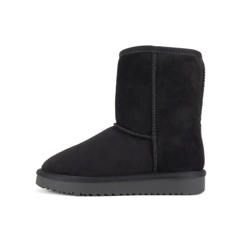 Bottines femme noires fourrées, semelle crantée plate, imitation daim, style hiver chaud