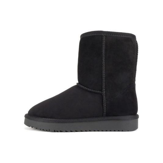 Bottines femme noires fourrées, semelle crantée plate, imitation daim, style hiver chaud