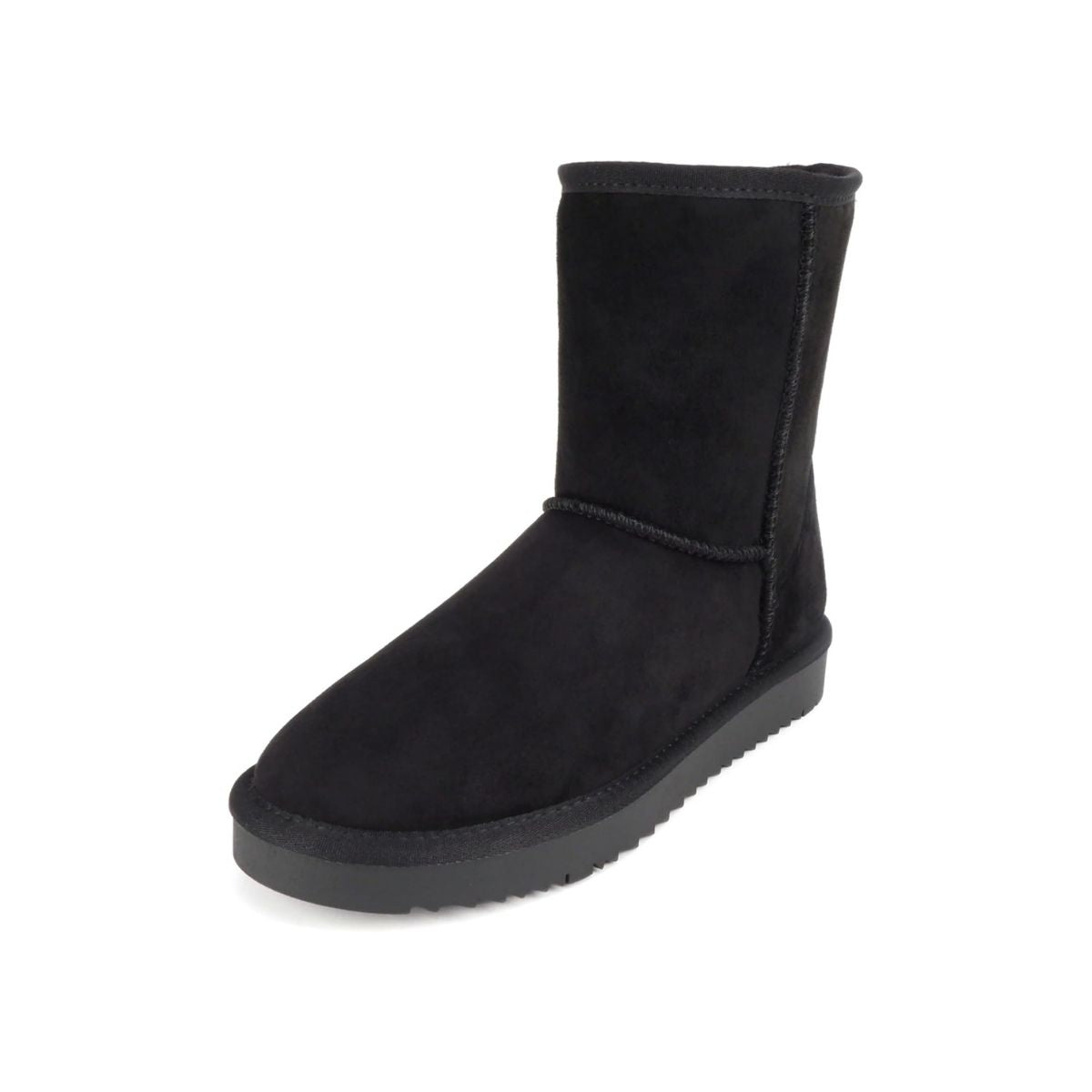 Bottines femme noires fourrées, semelle crantée plate, imitation daim, style hiver chaud