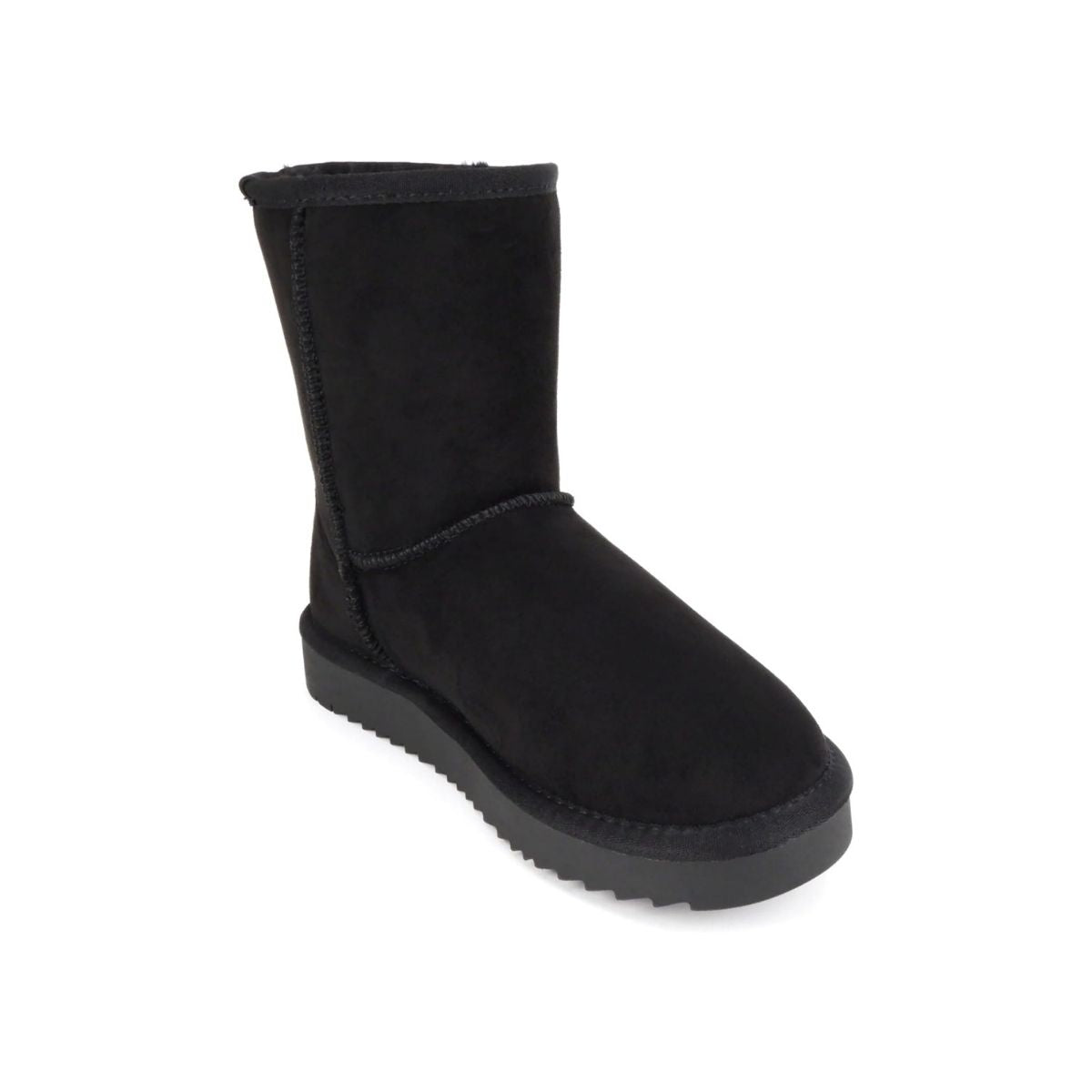 Bottines femme noires fourrées, semelle crantée plate, imitation daim, style hiver chaud