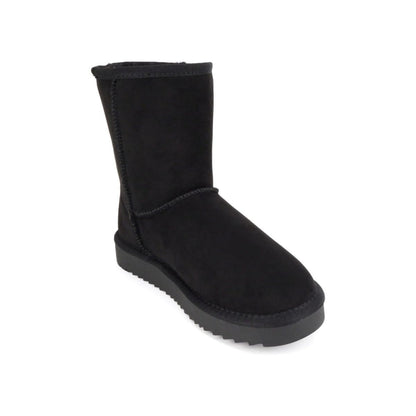 Bottines femme noires fourrées, semelle crantée plate, imitation daim, style hiver chaud