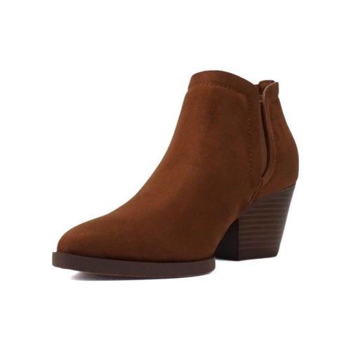 Bottines femme cognac à talon bas, bout pointu, élastiques latéraux