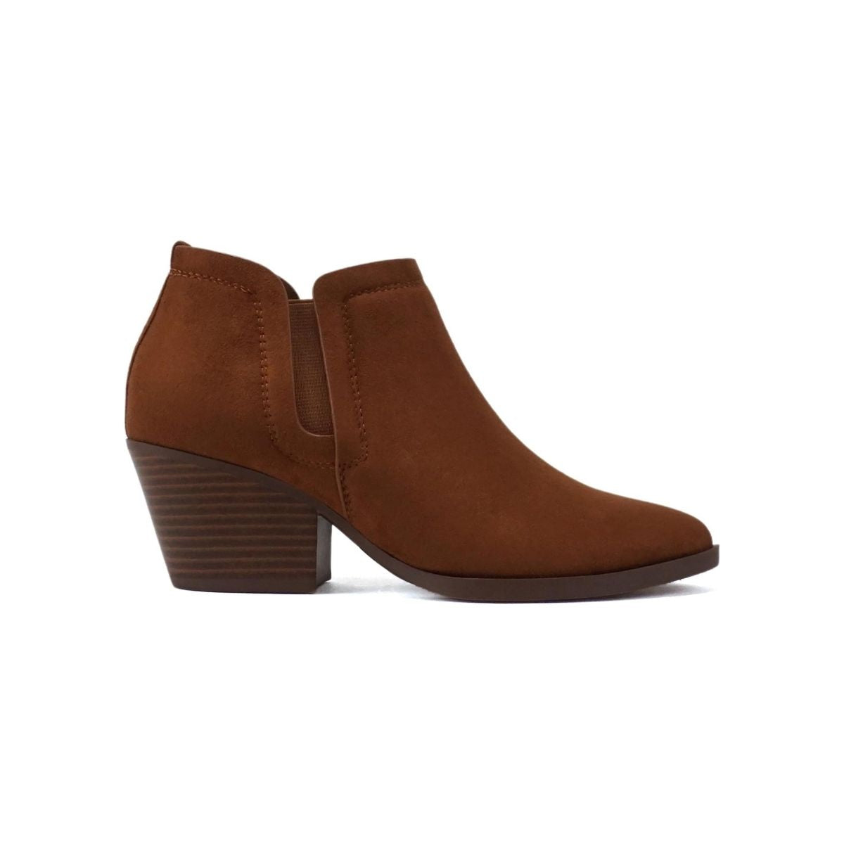 Bottines femme cognac à talon bas, bout pointu, élastiques latéraux