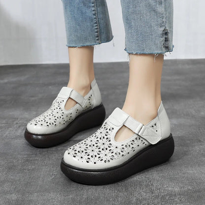 Sandales compensées en cuir véritable pour femme
