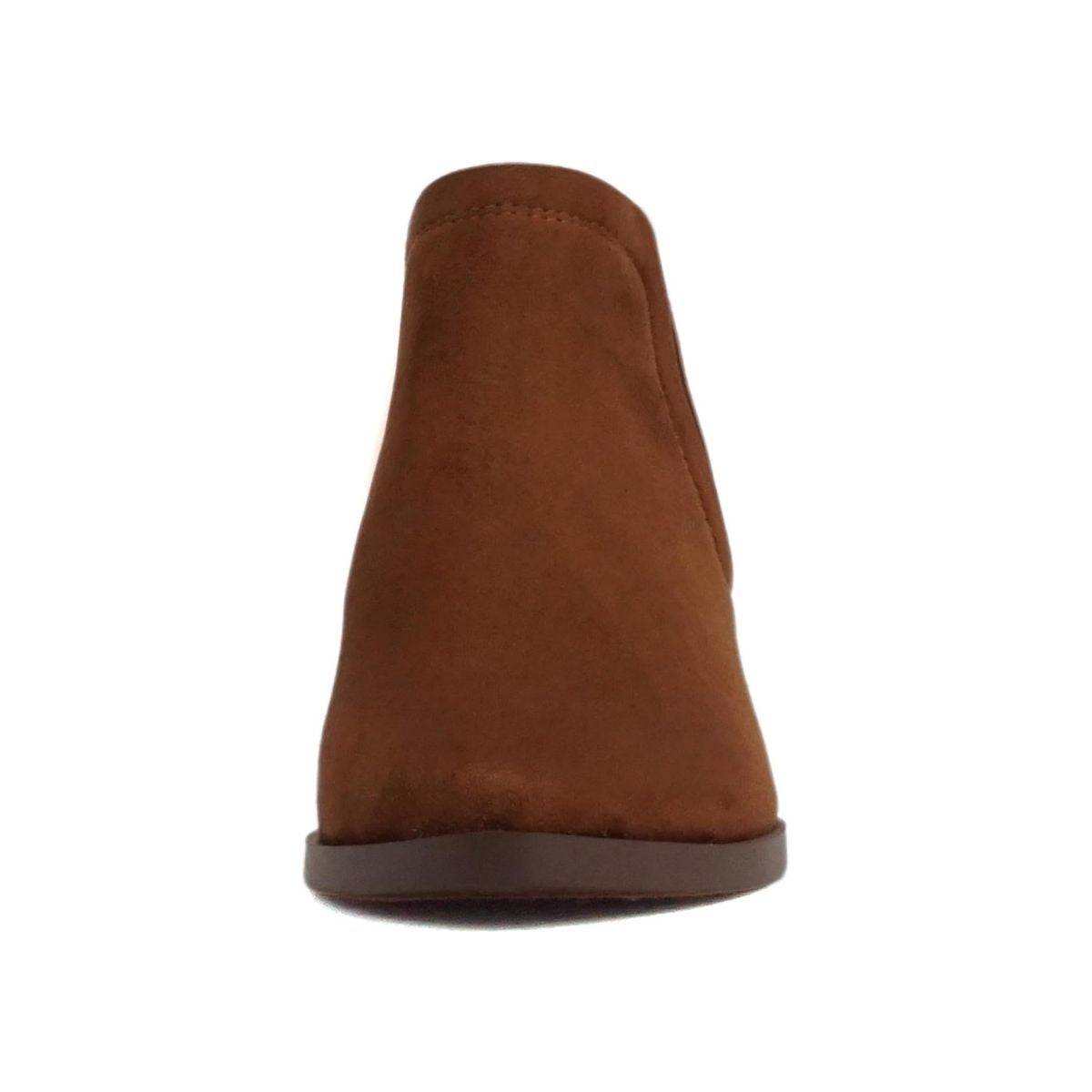 Bottines femme cognac à talon bas, bout pointu, élastiques latéraux