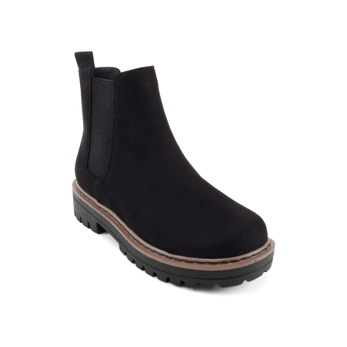 Bottines femme noires à semelle crantée, talon bas, élastiques latéraux