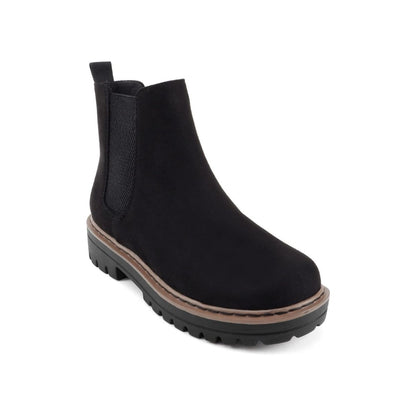 Bottines femme noires à semelle crantée, talon bas, élastiques latéraux