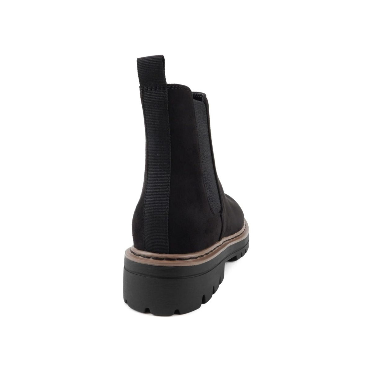 Bottines femme noires à semelle crantée, talon bas, élastiques latéraux