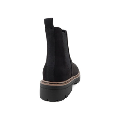 Bottines femme noires à semelle crantée, talon bas, élastiques latéraux