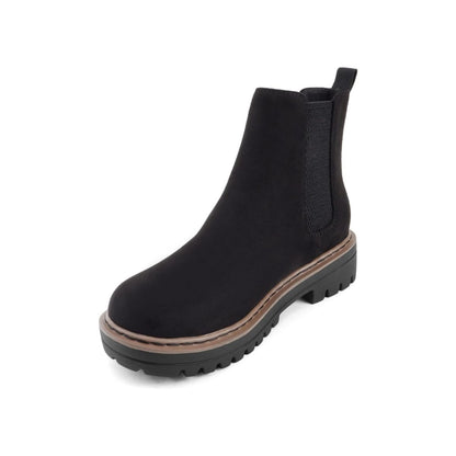 Bottines femme noires à semelle crantée, talon bas, élastiques latéraux