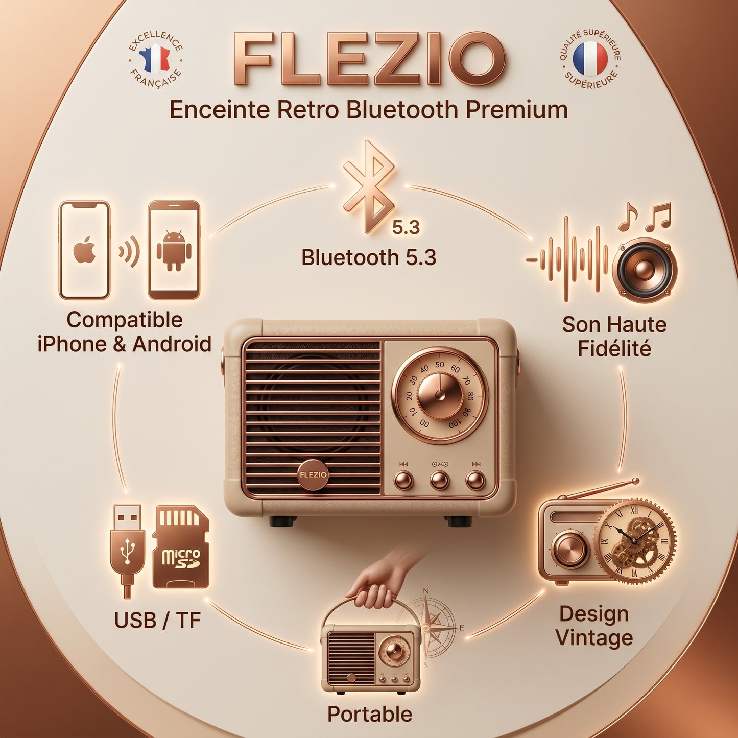 Enceinte Bluetooth Vintage Portable - USB et Carte TF