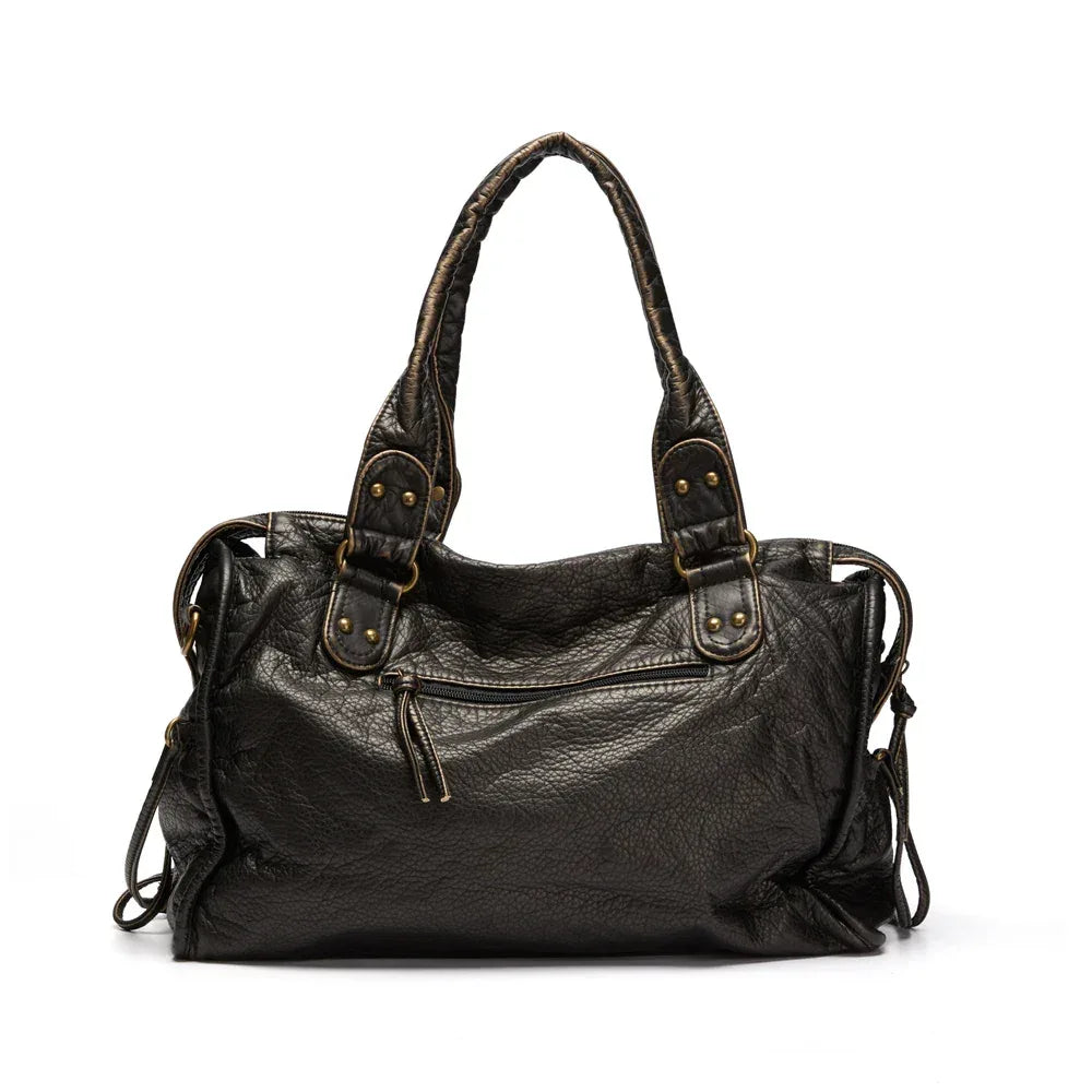 Sac Cabas Vintage en Cuir PU Lavé, Grand Volume