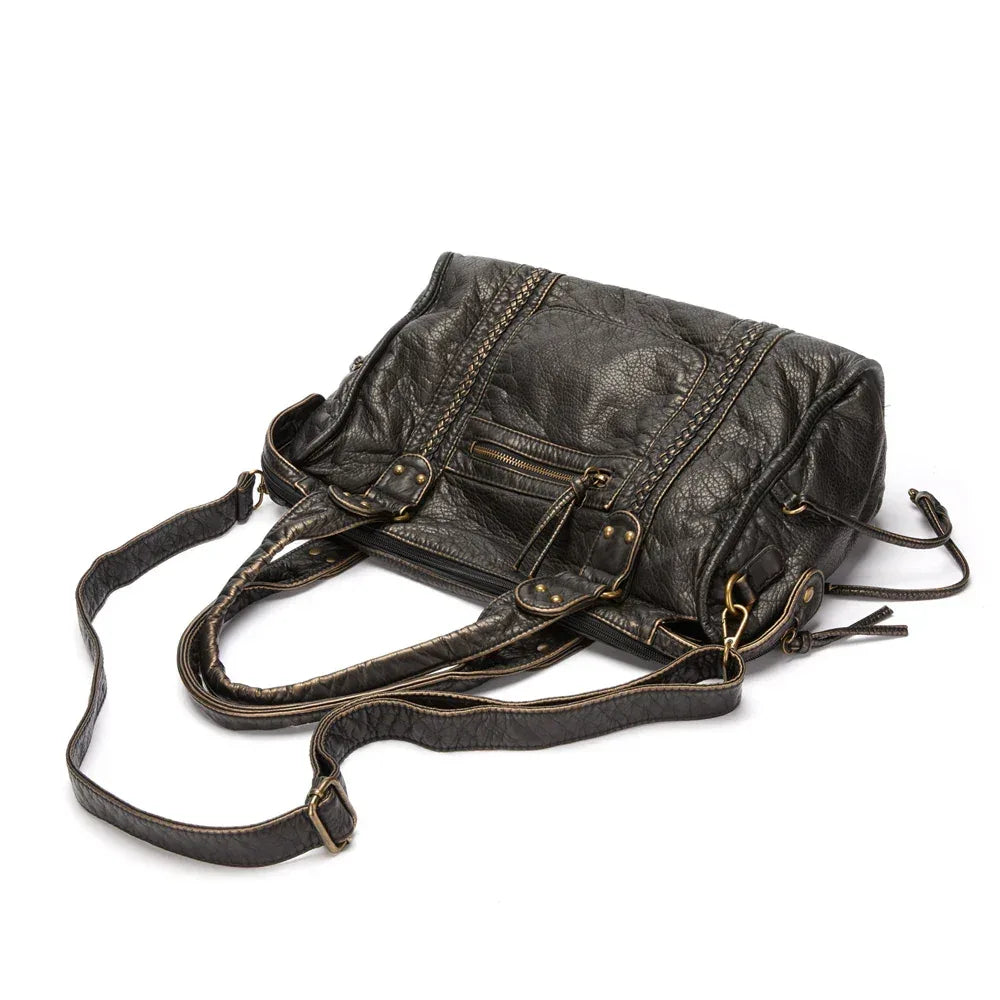 Sac Cabas Vintage en Cuir PU Lavé, Grand Volume