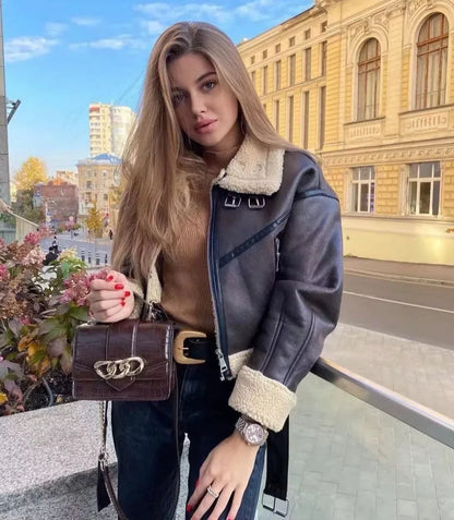 ShearlingSoft - Veste fausse peau de mouton avec ceinture pour femme