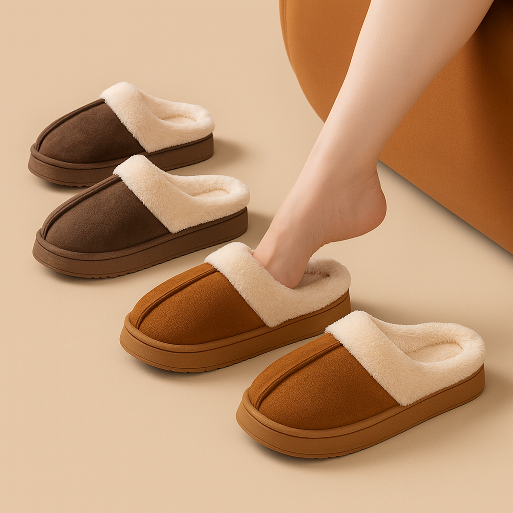 Pantoufles d’hiver unisexes en faux daim avec doublure en peluche et semelle antidérapante