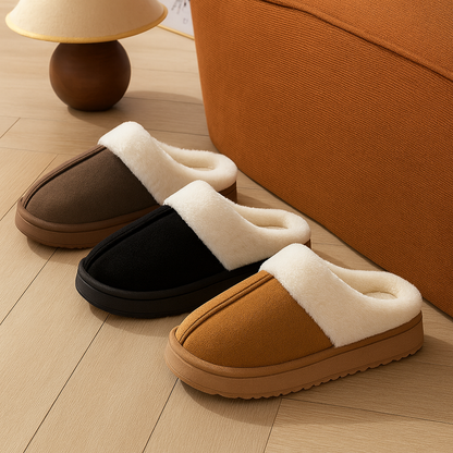 Pantoufles d’hiver unisexes en faux daim avec doublure en peluche et semelle antidérapante