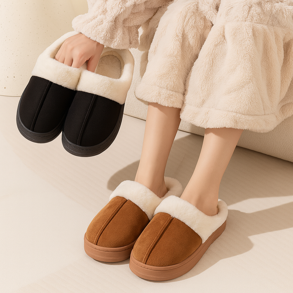 Pantoufles d’hiver unisexes en faux daim avec doublure en peluche et semelle antidérapante