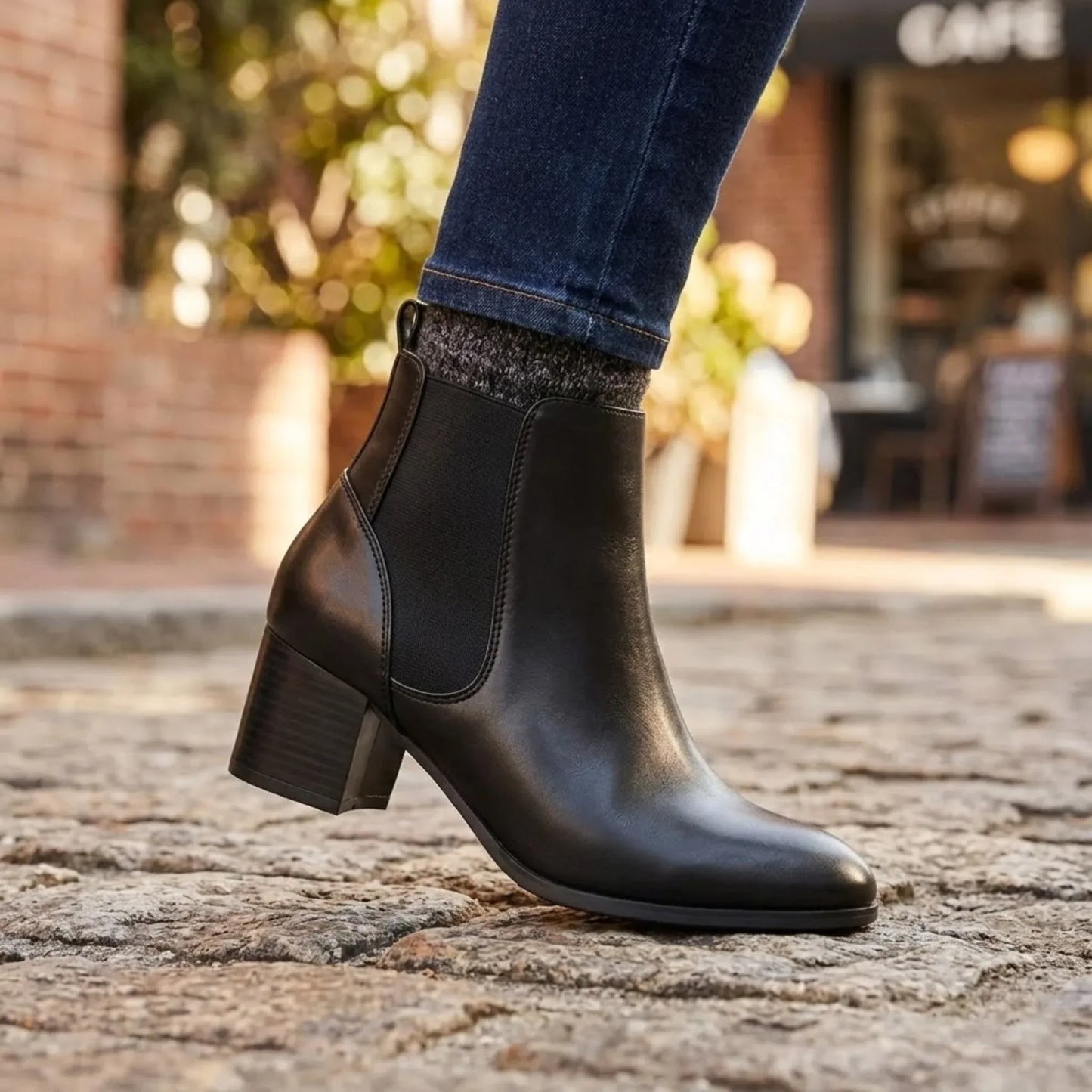 Bottines femme noires à talon bloc, élastiques latéraux, semelle antidérapante