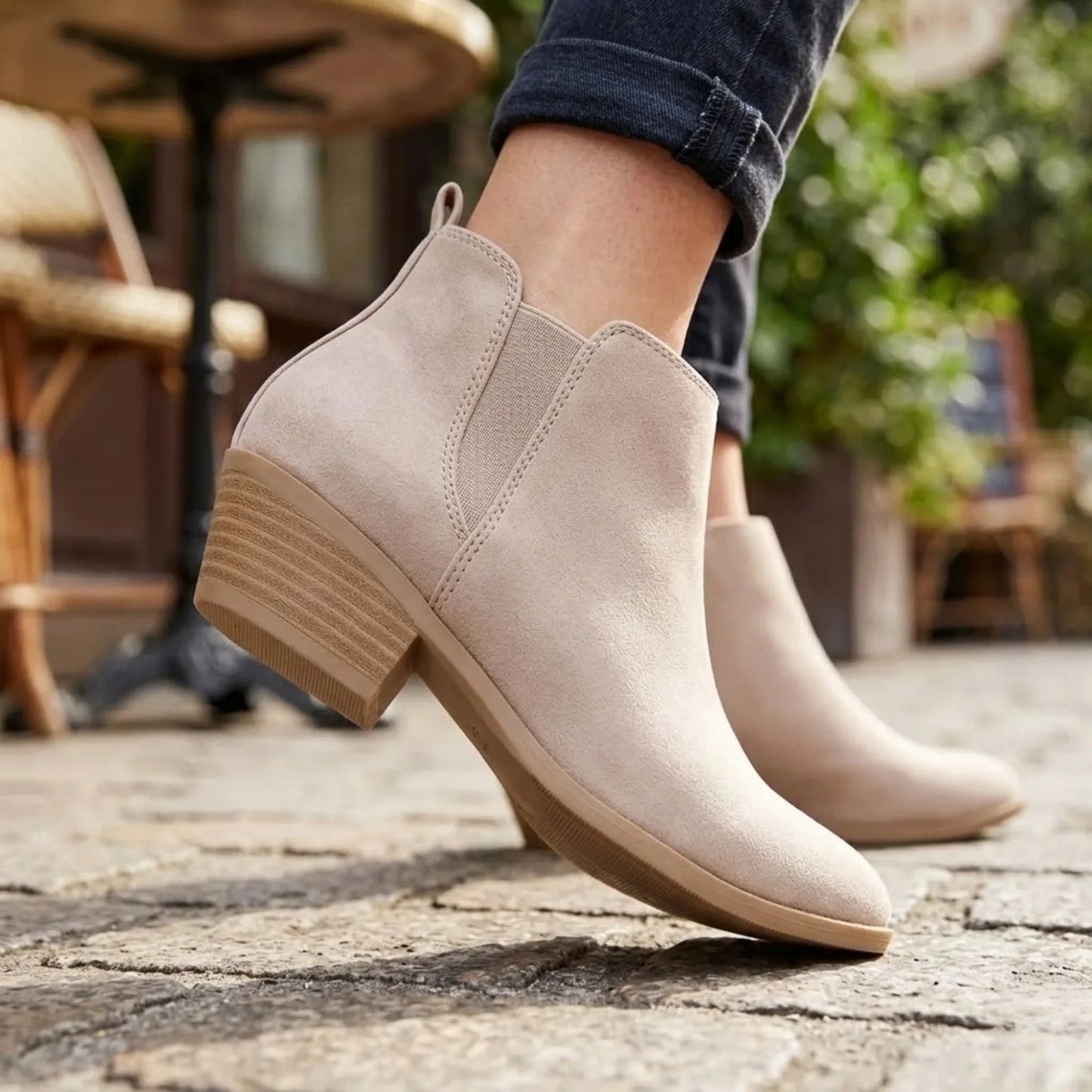 Bottines Femme Beige à Talon Bas - Bout Pointu, Zip