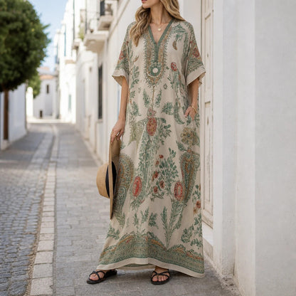 Robe Caftan Bohème Col V Femme