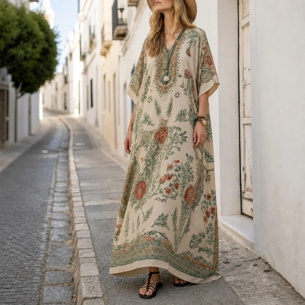 Robe Caftan Bohème Col V Femme